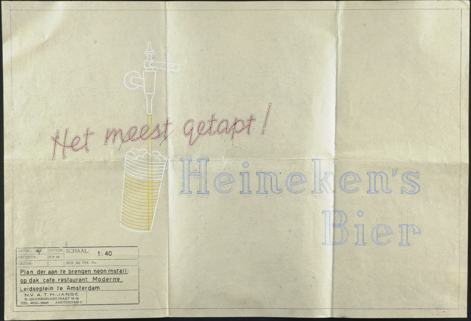 Ontwerp voor het aanbrengen van een neon installatie op het dak van café Moderne, 1953.