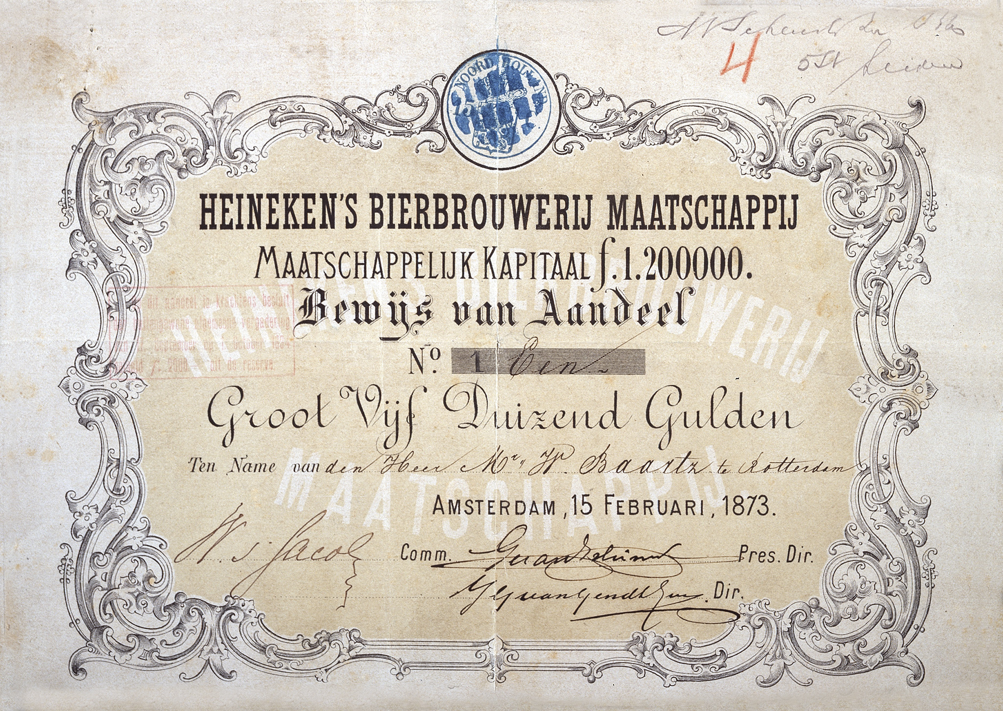 Eerste aandeelbewijs van Heineken’s Bierbrouwerij Maatschappij met handtekening van Gerard Adriaan Heineken, 15 februari 1873, lithografie en handschrift op papier